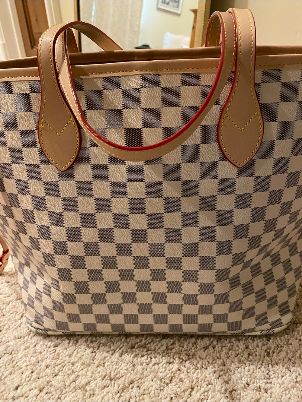 Beige Checkered Tote Bag with Red trim…never used - Picture 3 of 4